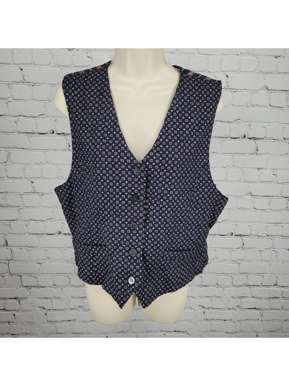 VTG Talbots Navy Geometric Lightweight Buttoned Lined Vest Size Medium M